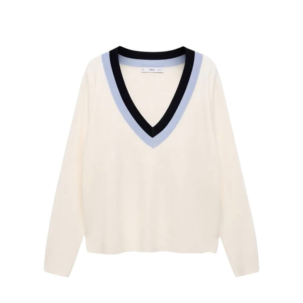 Mango NEW V Neck Varsity Sweater Medium Pullover Cream and Blue